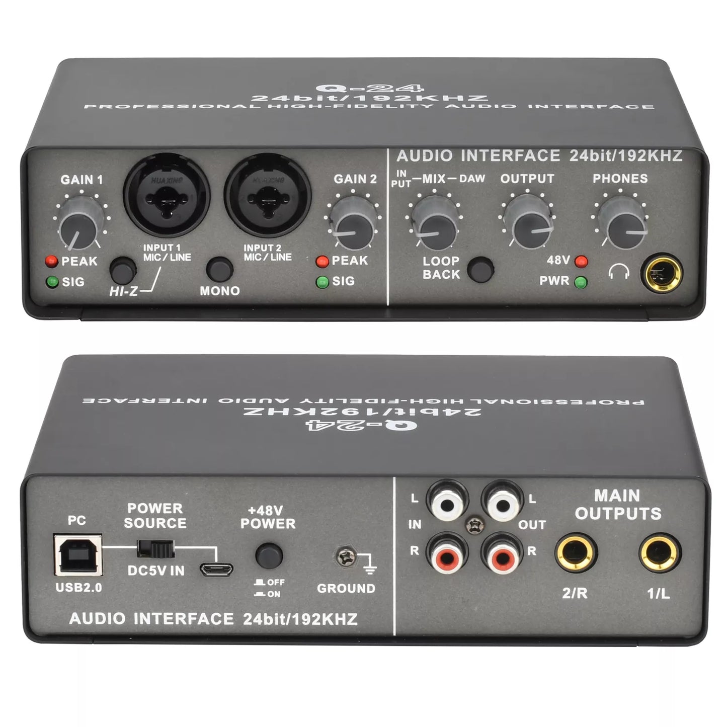 Professional 24Bit 192KHz Audio Interface 2 Input Sound Card